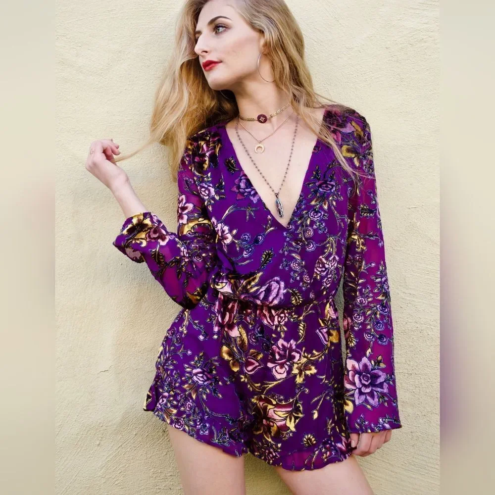 Honey Punch Velvet Burnout Romper Size M